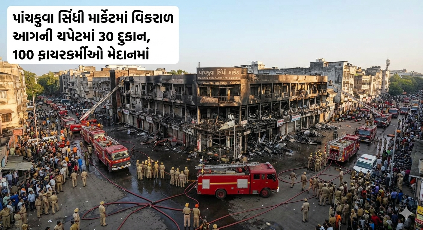 પાંચકુવા સિંધી માર્કેટમાં વિકરાળ આગની ચપેટમાં 30 દુકાન, 100 ફાયરકર્મીઓ મેદાનમાં