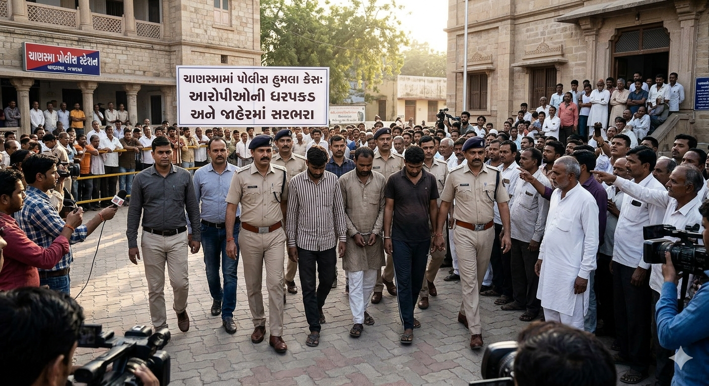 ચાણસ્મામાં ટોળાના હુમલાથી ભાગેલ 8 પોલીસ સસ્પેન્ડ થયા બાદ, આજે આરોપીને પકડીને જાહેરમાં સરભરા કરી