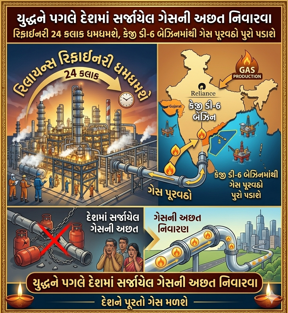 યુદ્ધને પગલે દેશમાં સર્જાયેલ ગેસની અછત નિવારવા રિલાયન્સ રિફાઈનરી 24 કલાક ધમધમશે, કેજી ડી-6 બેઝિનમાંથી ગેસ પૂરવઠો પુરો પડાશે